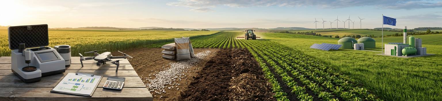 Panoramic view of European farmland featuring ESG data tracking tools, sustainable bio-fertilisers, and a green ammonia production plant under the EU flag.